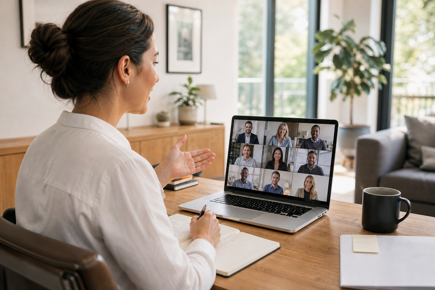Team im virtuellen Büro: Mitarbeiter sitzt im Homeoffice und seine Kollegen sind auf dem Bildschirm des Laptops virtuell zugeschaltet